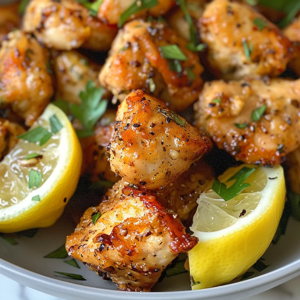 Appetizing air-fried lemon chicken bites displayed with lemon wedges on a rustic plate.