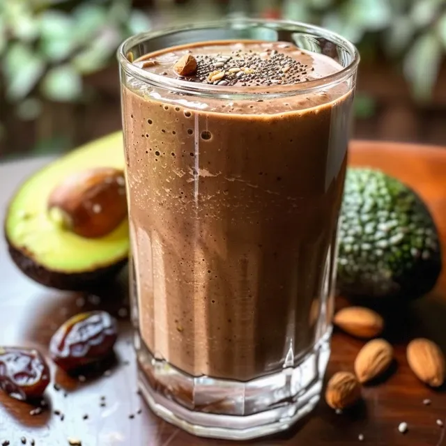 Nourishing Moments: The Smoothie That Feels Like a Warm Hug Close-up view of a thick, creamy chocolate almond smoothie in a glass, with visible chia seeds and a slice of avocado.