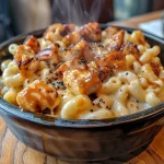 Close-up view of creamy mac and cheese topped with grilled chicken and BBQ sauce.