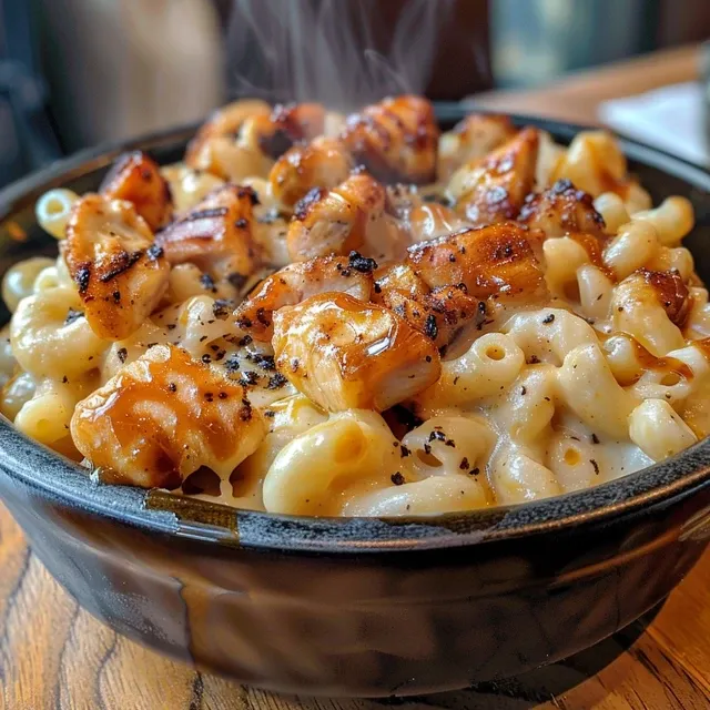 A Heartfelt Harmony: One-Pot Honey BBQ Chicken Mac and Cheese That Feels Like Home Close-up view of creamy mac and cheese topped with grilled chicken and BBQ sauce.