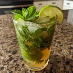 A close-up view of a refreshing Virgin Mojito in a glass with mint leaves and lime wedges.