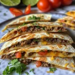 Juicy beef quesadillas with melted cheese, sliced and arranged on a plate.