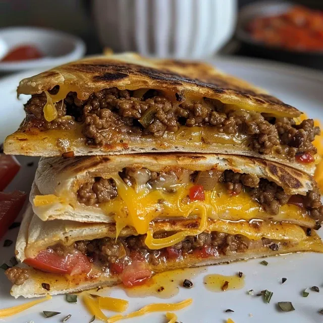 The Cheesy Ground Beef Quesadillas That Bring Us Together Close-up view of cheesy ground beef quesadillas filled with melted cheese and seasoned meat.