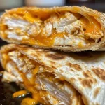 Close-up view of crispy chicken and cheese wraps with hot sauce.