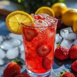 Close-up of a vibrant Strawberry Lemonade Fizz in a clear glass, garnished with strawberries and lemon slices.