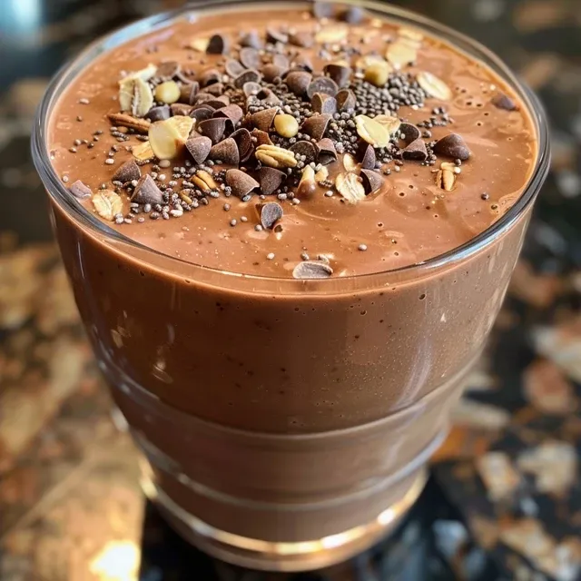 A refreshing chocolate almond smoothie captured from the side, showcasing its rich texture and vibrant color.