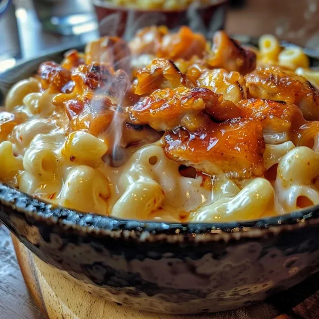 Side view of a delicious one-pot honey BBQ chicken mac and cheese dish with melted cheese.