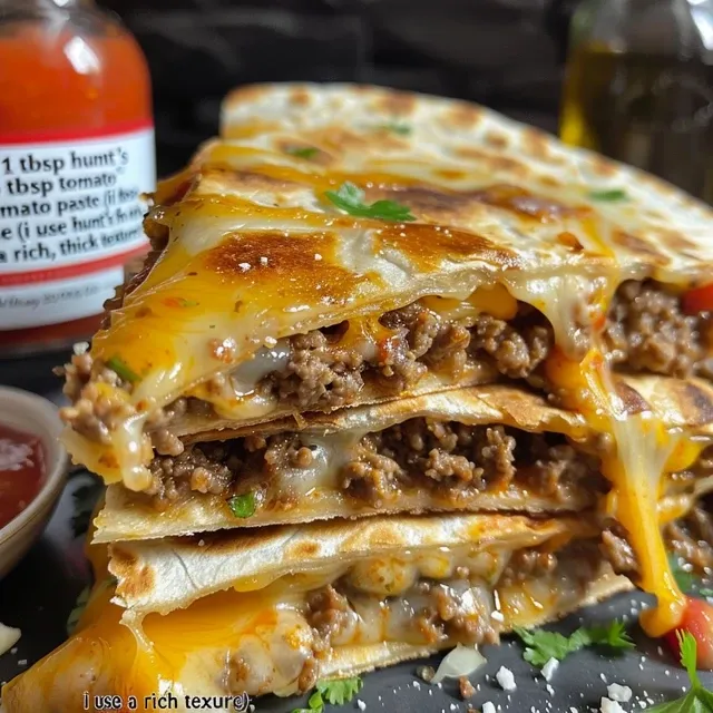 Side view of golden-brown quesadillas with gooey cheese and ground beef filling on a plate.
