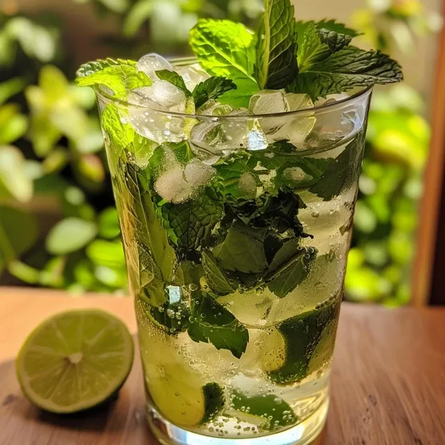 Side view of a Virgin Mojito featuring mint, lime, and sparkling water, served over ice.