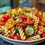 Juicy Spring Garden Pasta Salad arranged with rotini pasta and assorted vegetables.