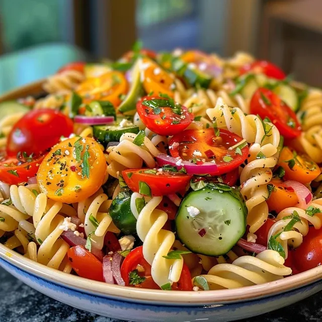 A Bowl of Sunshine: The Spring Garden Pasta Salad That Brings Us Together Juicy Spring Garden Pasta Salad arranged with rotini pasta and assorted vegetables.