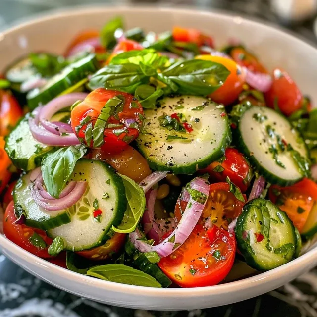 Basil Dreams: A Salad That Whispers of Sunlit Gardens An iPhone close-up of a colorful salad with fresh basil, red onion, cucumbers, and cherry tomatoes on a plate.