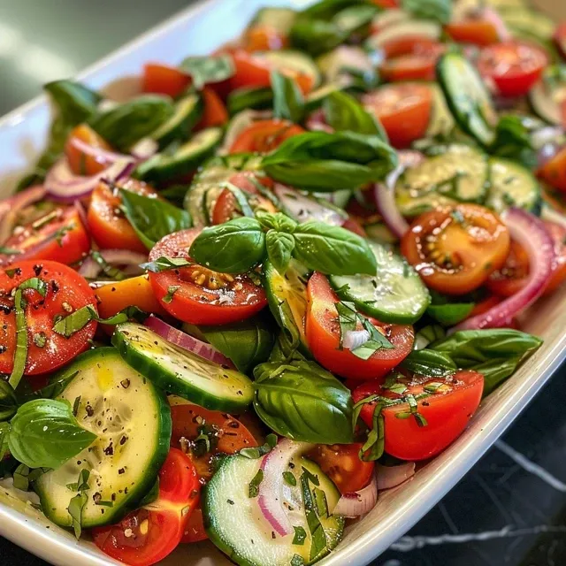 A side view of a fresh basil salad, highlighting sliced cucumbers and cherry tomatoes, with a drizzle of olive oil.