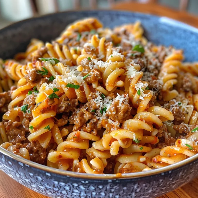 A close-up side view of a bowl of 30-Minute Garlic Butter Ground Beef Pasta, showcasing glossy noodles, ground beef, and garnished with parsley.