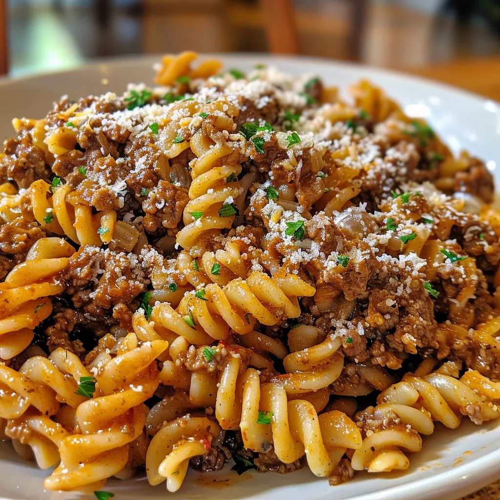 Juicy 30-Minute Garlic Butter Ground Beef Pasta displayed in a bowl, with visible garlic, beef, and scattered Parmesan cheese.