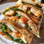Close-up view of Air Fryer Chicken and Mozzarella Wraps filled with chicken, cheese, and spinach.