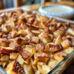 Close up of a freshly baked Apple Cinnamon French Toast Bake with visible apple slices and cinnamon topping.