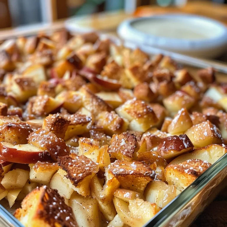 A Cozy Morning Embrace: Apple Cinnamon French Toast Bake Close up of a freshly baked Apple Cinnamon French Toast Bake with visible apple slices and cinnamon topping.