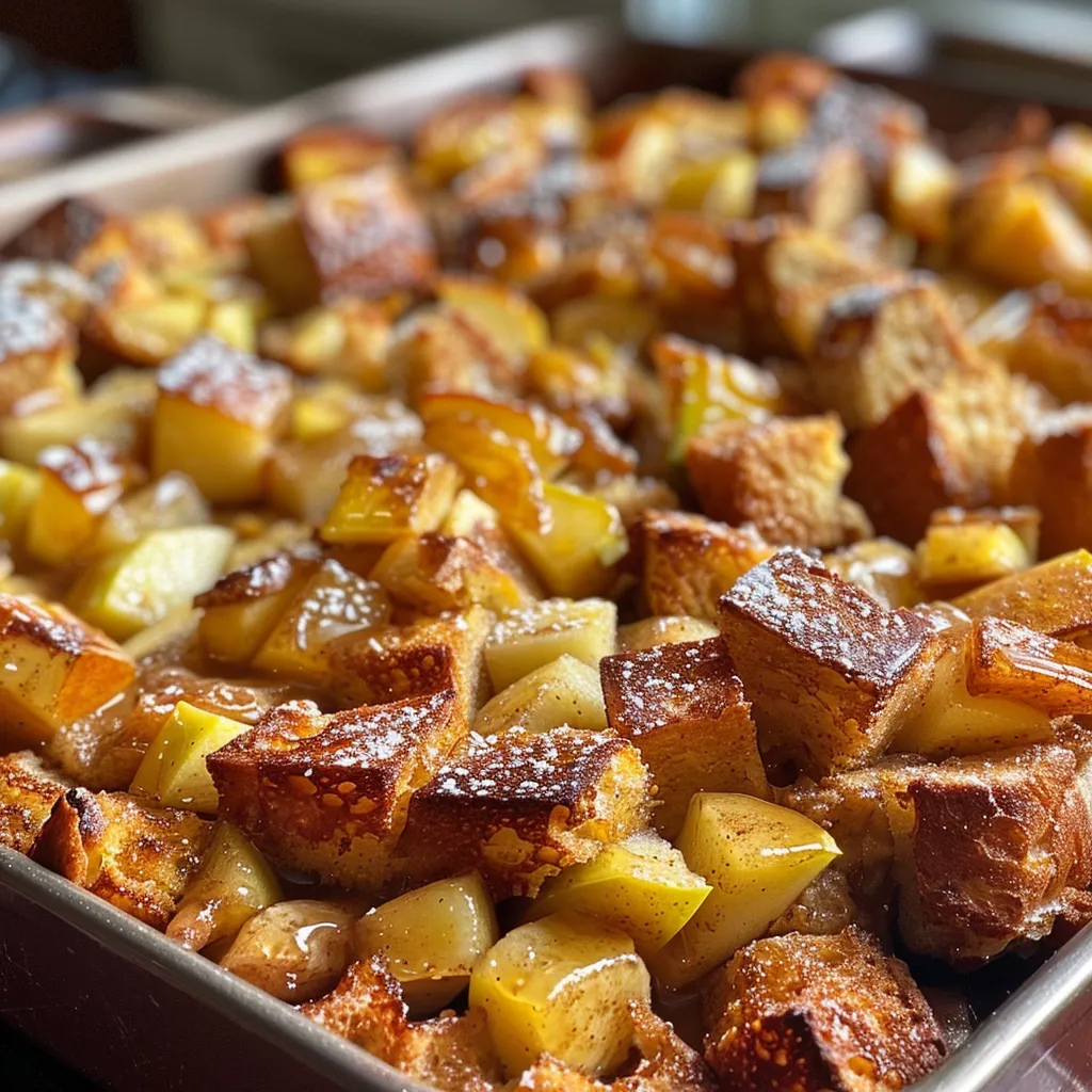 Side view of a golden brown Apple Cinnamon French Toast Bake showcasing its layers and delicious texture.