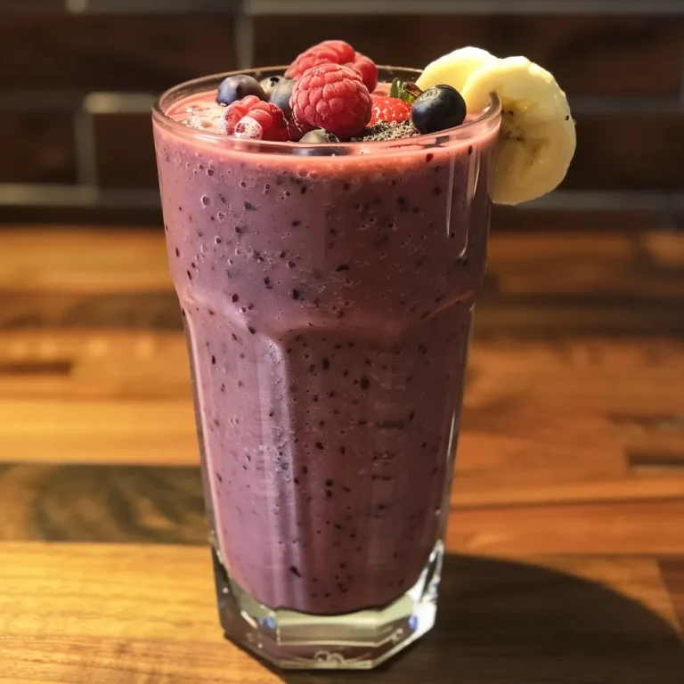 Close-up view of a vibrant banana berry protein smoothie in a glass.
