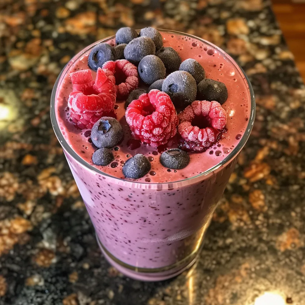 Side angle of a creamy banana berry smoothie filled with mixed fruits.