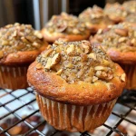Close-up view of golden brown banana nut muffins with a crunchy topping.