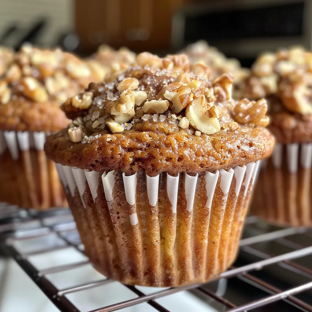 Side angle of moist banana nut muffins, showcasing their nutty texture and sweetness.
