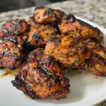 Succulent pieces of air-fried chicken, glistening with BBQ sauce and seasonings.