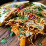 Close-up of a BBQ chicken quesadilla, showcasing melted cheese and colorful bell peppers.