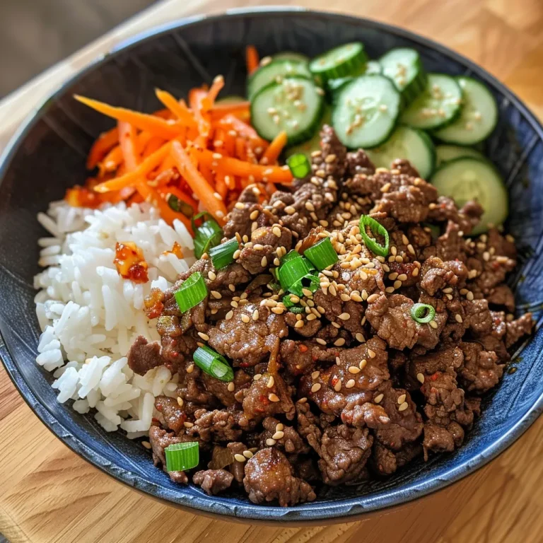 A Heartfelt Journey to Korea: The Beef Bulgogi Bowl That Unites Us A close-up side view of a Beef Bulgogi Bowl filled with rice, beef, and colorful toppings.