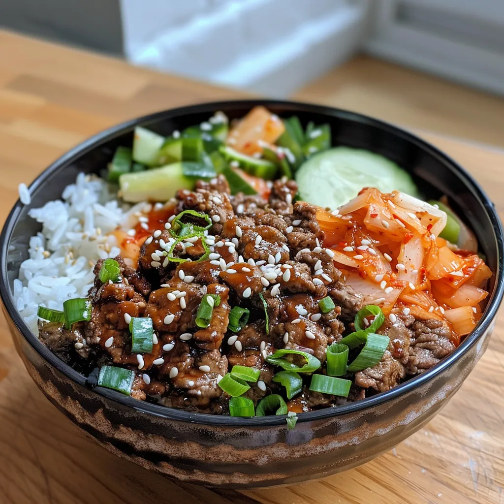 A detailed shot of a Beef Bulgogi Bowl with ground beef, vegetables, and garnishes.