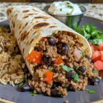 Juicy beef burrito filled with beans and rice, garnished with fresh lettuce and tomatoes.