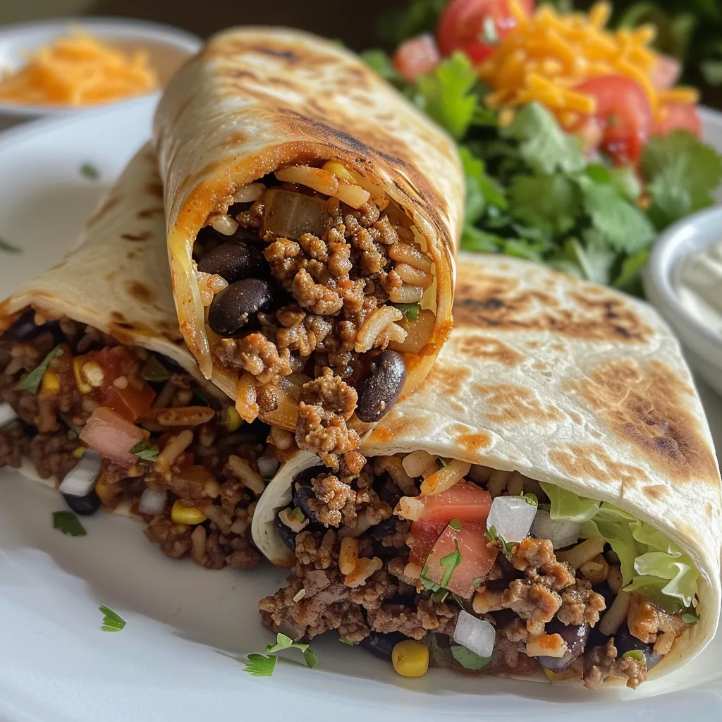 Close-up view of a beef burrito overflowing with beans and rice, topped with cheese and sour cream.