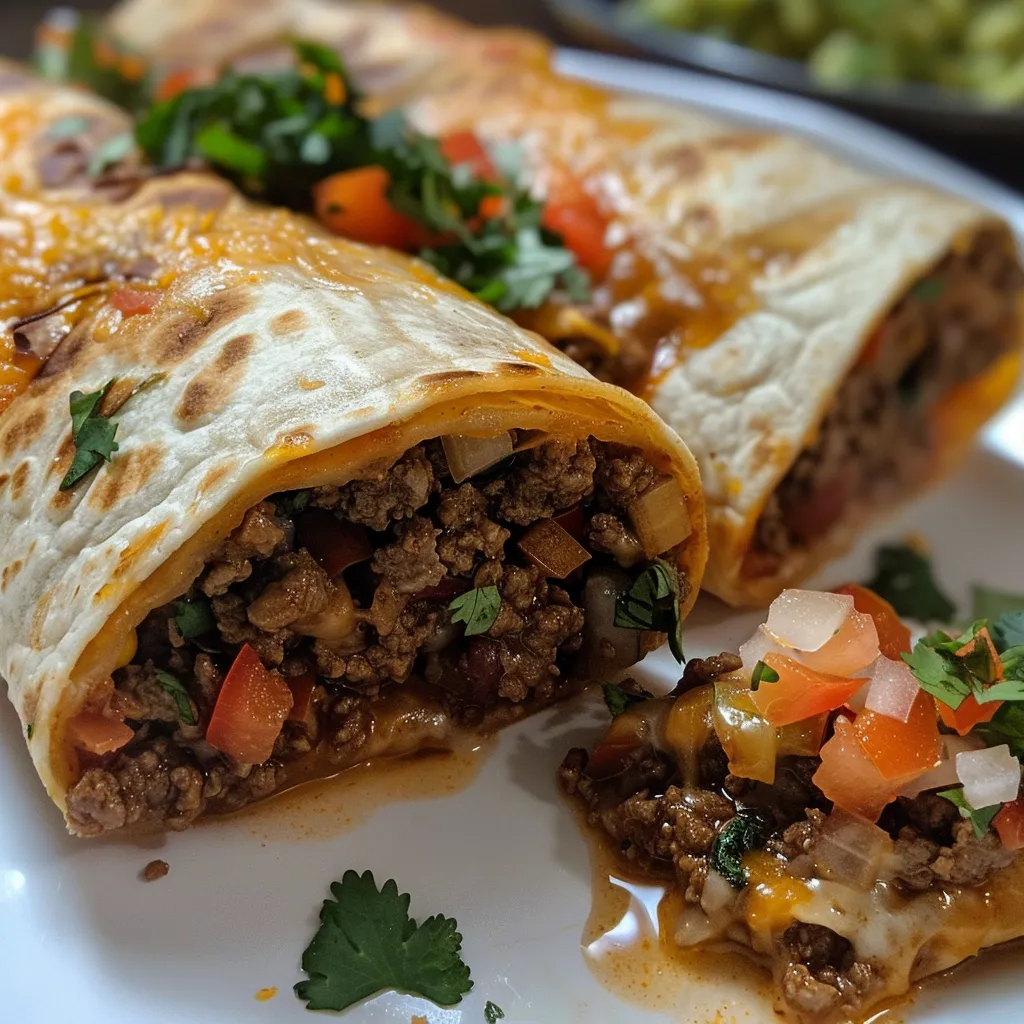 Side view of a vibrant beef burrito surrounded by fresh ingredients.