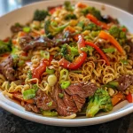 Close-up of a juicy beef stir-fry featuring noodles and colorful vegetables.
