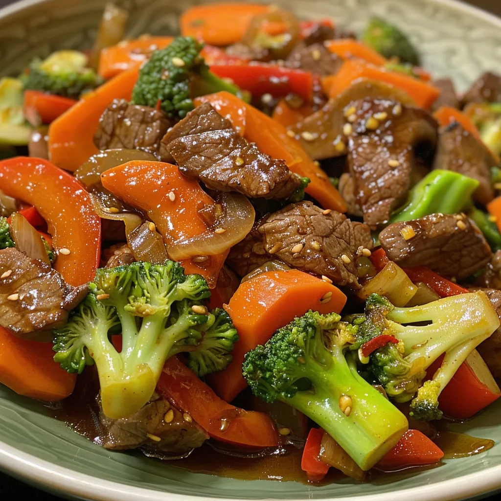 Side angle of beef stir fry showcasing juicy beef slices mixed with vibrant vegetables.