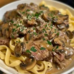 Close-up view of a creamy Beef Stroganoff served over egg noodles with fresh parsley garnish.