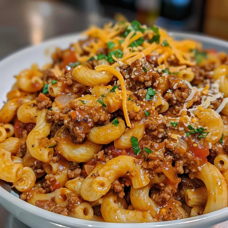 The Hearty Beefaroni That Whispers of Childhood Close-up side view of a bowl of Beefaroni topped with melted cheddar cheese.