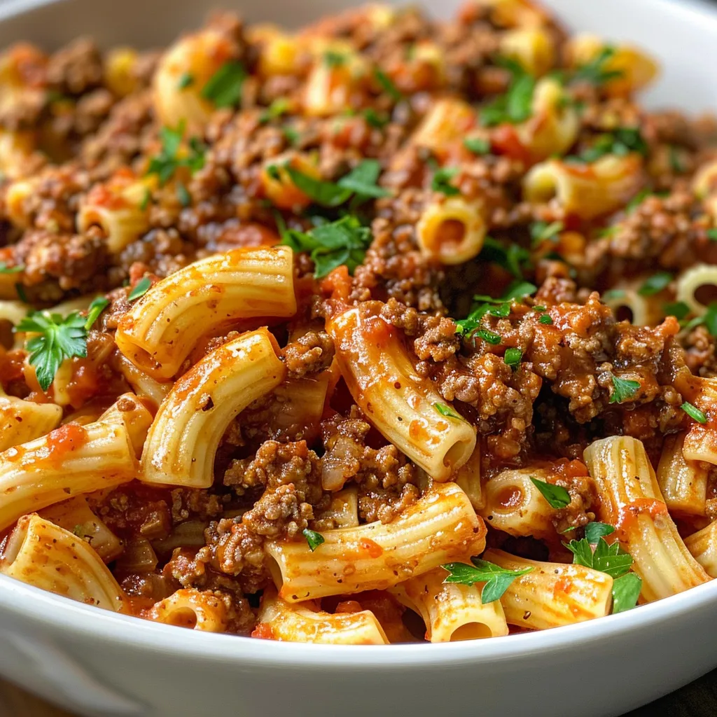 Juicy Beefaroni featuring elbow macaroni, ground beef, and tomato sauce.