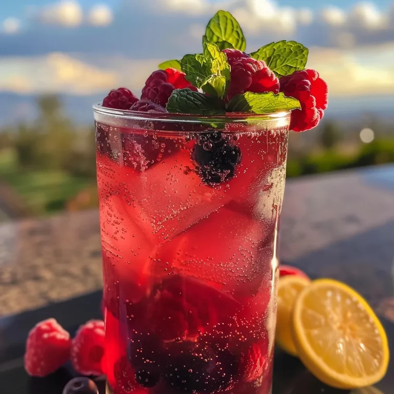 A Toast to Summer: The Bright Berry Lemonade Spritz Mocktail A refreshing Berry Lemonade Spritz Mocktail in a glass, garnished with fresh berries and mint leaves.