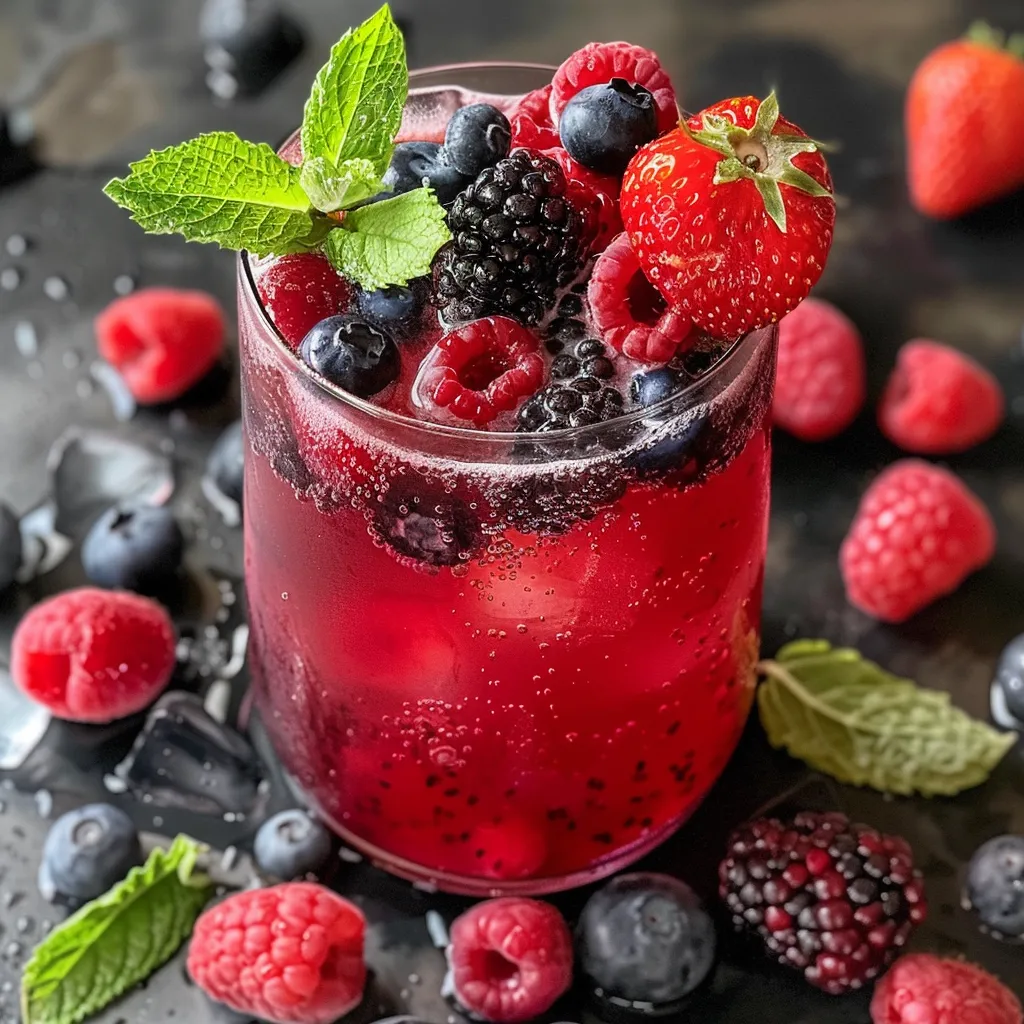 Close-up of a colorful mocktail featuring mixed berries, ice, and lemonade, served in a clear glass.
