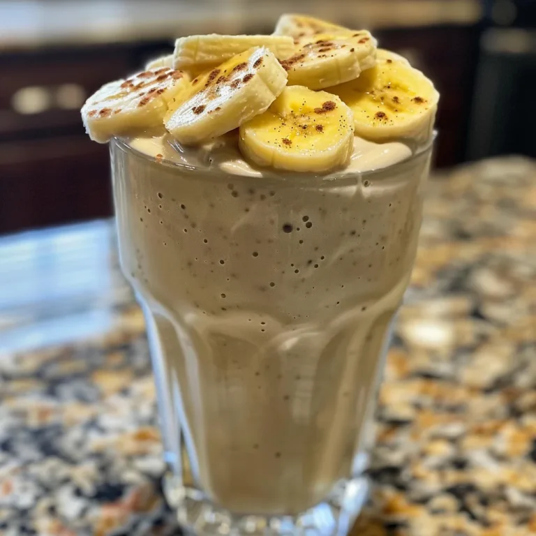Close-up side view of a creamy banana smoothie in a glass.