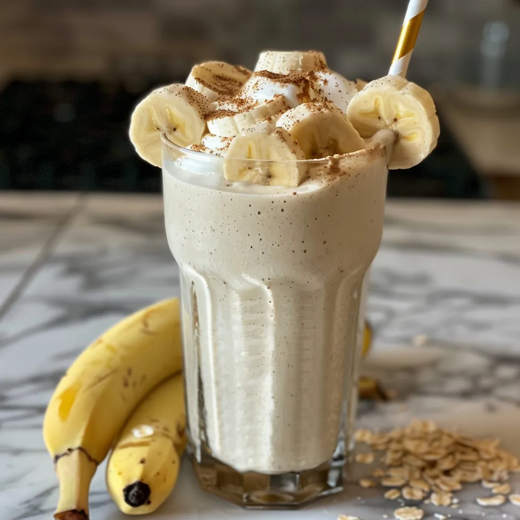 Thick, yellow banana smoothie with a frothy texture on a counter.