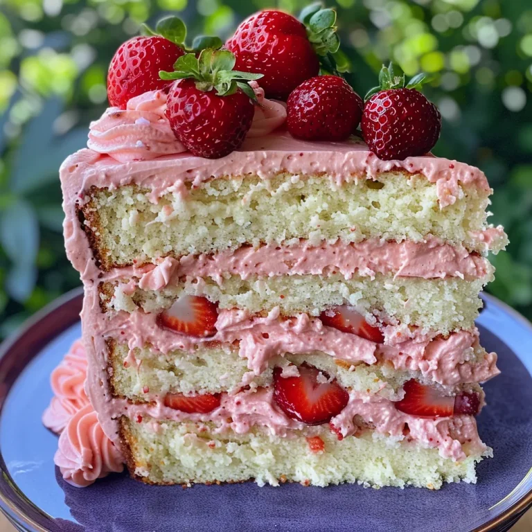 A Slice of Sunshine: The Best Ever Strawberry Cake to Share and Savor A slice of strawberry cake showing layers of pink frosting and fresh strawberries.