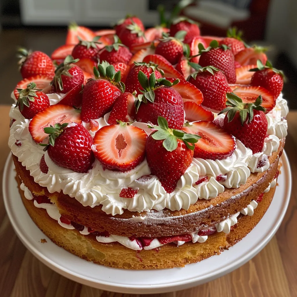 A side view of a delicious strawberry cake topped with fresh fruit and creamy frosting.