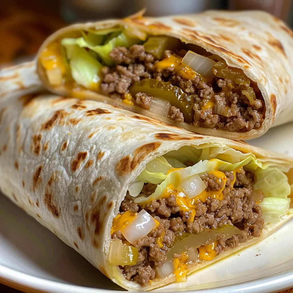 Juicy taco wrap layered with ground beef, lettuce, and cheese, ready to eat.