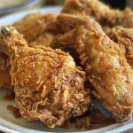 Side shot of savory buttermilk fried chicken, highlighting its juicy interior and crunchy exterior.