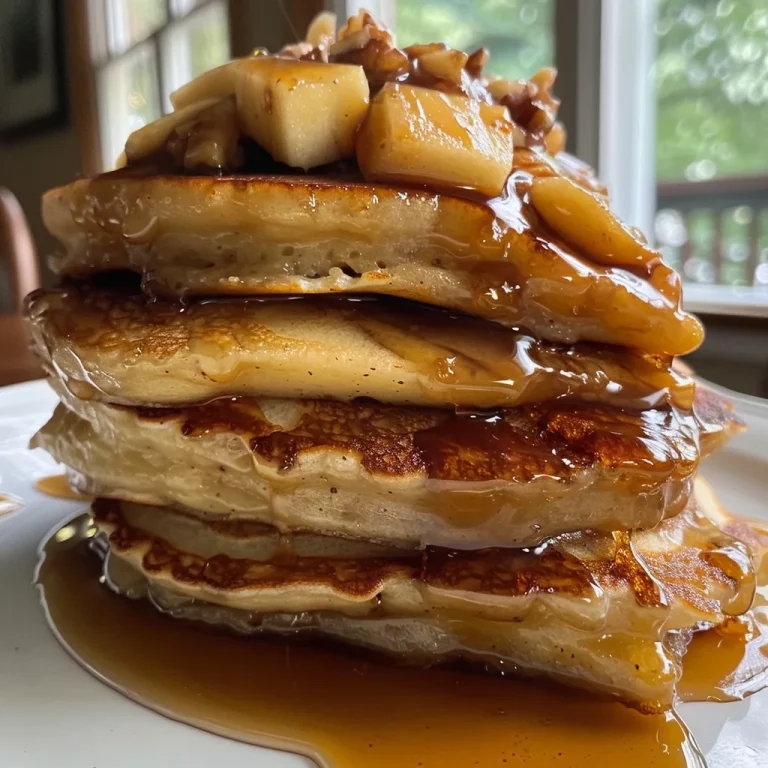 Pancakes That Taste Like Autumn: A Sweet Journey into Warmth Close-up view of caramel apple pancakes with a drizzle of caramel and diced apples on top.