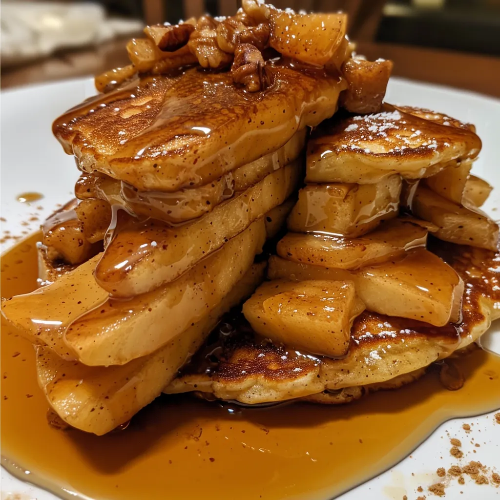 Side view of stacked pancakes topped with caramel sauce and walnuts, showcasing a delicious breakfast.