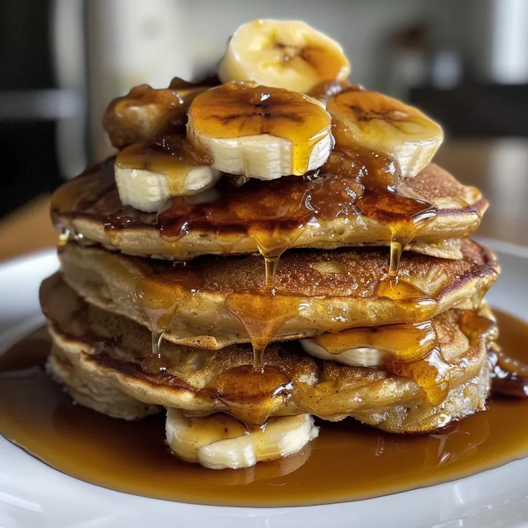 The Pancakes That Embrace You Like a Warm Hug A close-up side view of caramel banana pancakes topped with caramel sauce and banana slices.